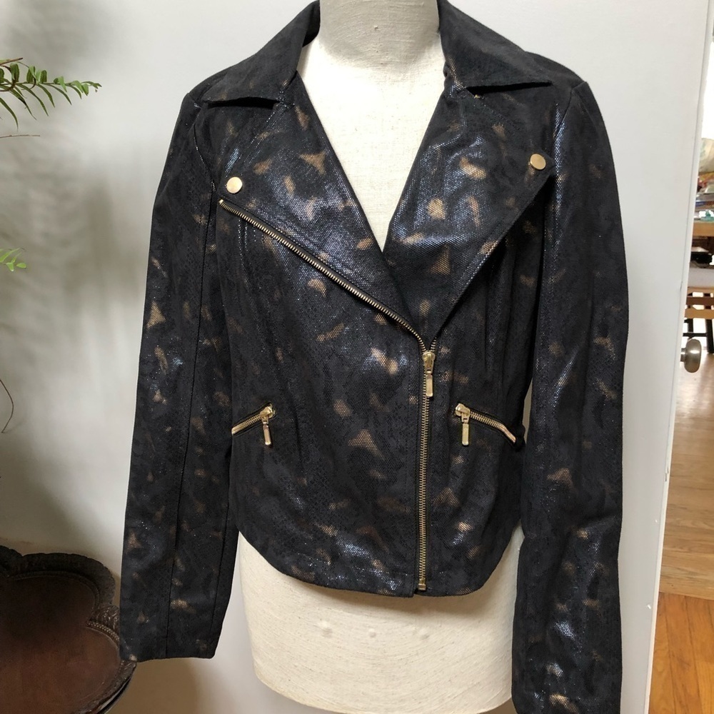 Rock & Republic Womens Black Gold Metallic‎ Animal Print Motorcycle Jacket Large